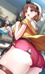 1girl ass atelier_(series) atelier_ryza atelier_ryza_2 breasts brown_eyes brown_hair earrings green322 hat highres jewelry large_breasts open_mouth red_shorts reisalin_stout short_shorts shorts solo thick_thighs thighs rating:Sensitive score:72 user:danbooru