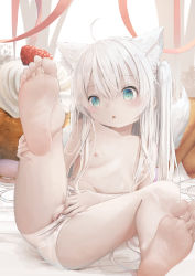 1girl absurdres albino animal_ear_fluff animal_ears bad_id bad_pixiv_id bare_legs barefoot blush cat_ears cleft_of_venus clothing_aside collarbone feet female_masturbation fingering flat_chest food foot_focus foreshortening fruit hair_between_eyes highres leaning_back loli long_hair masturbation navel nipples original panties panties_aside pussy pussy_juice pussy_juice_stain sitting soles solo spread_legs tail toes topless uncensored underwear underwear_only utatanecocoa wolf_ears wolf_tail rating:Explicit score:316 user:Domestic_Importer