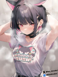  1girl animal_ears armpits arms_behind_head arms_up black_collar black_hair black_wristband blue_archive bluesky_username blush cat_ears closed_mouth collar collarbone colored_inner_hair earclip earrings extra_ears grey_background hair_ornament hairclip halo jewelry juurouta kazusa_(blue_archive) looking_at_viewer mask mask_pull mouth_mask multicolored_hair pink_eyes pink_hair pink_halo presenting_armpit shirt shirt_tucked_in short_hair short_sleeves solo steaming_body stud_earrings surgical_mask symbol-shaped_pupils twitter_username upper_body white_shirt 