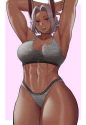  1girl abs arms_up artist_name boku_no_hero_academia bra breasts cleavage grey_bra grey_panties grey_sports_bra gud0c highres large_breasts looking_at_viewer mirko muscular muscular_female navel open_mouth panties rabbit_ears rabbit_girl red_eyes short_hair solo sports_bra stomach thick_thighs thighs underwear white_hair wide_hips  rating:Sensitive score:102 user:bastek66