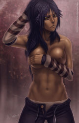  10s 1girl 2011 abs arm_warmers belt bleach breasts collarbone covering_privates covering_breasts dark-skinned_female dark_nipples dark_skin dated female_focus highres kostanryuk_(artist) long_hair looking_at_viewer medium_breasts muscular navel nipples open_belt open_fly panties pants purple_hair shihouin_yoruichi solo standing striped topless unbuckled unbuttoned underwear unzipped watermark web_address white_panties yellow_eyes zipper  rating:Questionable score:407 user:Yagami_Kira