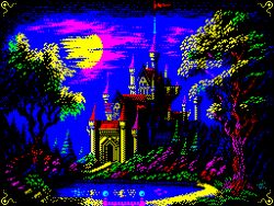  arch battlement blue_clouds border bridge building castle cloud cloudy_sky cross flag forest full_moon gate helpcomputer0 lake limited_palette medieval moon moonlight nature night no_humans original outdoors pink_sky pixel_art reflection reflective_water scenery sky tree yellow_moon 