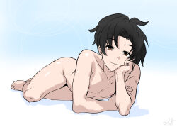  1boy ass barefoot black_hair brown_hair derivative_work flatculture hand_on_own_cheek hand_on_own_face highres looking_at_viewer lounging lying male_focus nipples nude on_floor on_stomach sensei_(blue_archive) sensei_(blue_archive_the_animation) short_hair simple_background smile solo 