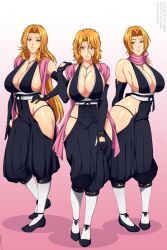  3girls adapted_costume bleach bleach:_sennen_kessen-hen breasts brown_hair cleavage elbow_gloves female_focus full_body gloves highres hip_vent large_breasts lindaroze long_hair looking_at_viewer matsumoto_rangiku mole mole_under_mouth multiple_girls multiple_persona pink_scarf pink_shawl revealing_clothes scarf shawl short_hair standing thighs thong twitter_username watermark web_address 