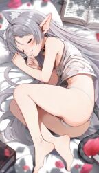  1girl :3 animal_ears ass bare_arms bare_shoulders barefoot bed_sheet bell blush book breasts camisole cat_ears cat_tail closed_eyes closed_mouth elf feet frieren highres legs long_hair lying neck_bell on_side open_book osa_(osaosa) panties pointy_ears small_breasts solo sousou_no_frieren tail thick_eyebrows thighs thong underwear very_long_hair white_camisole white_hair white_panties 