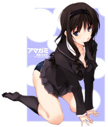  1girl amagami artist_name ass black_hair black_hairband black_jacket black_necktie black_sailor_collar black_socks blazer blue_eyes blue_one-piece_swimsuit border breasts character_name circle cleavage closed_mouth clothes_lift collared_shirt commentary_request copyright_name dated dress_shirt from_above from_side full_body grey_skirt hair_between_eyes hairband hands_on_ground jacket kibito_high_school_uniform kneehighs kneeling leaning_forward light_blush long_hair looking_at_viewer looking_to_the_side looking_up loose_hair_strand medium_breasts morishima_haruka mouth_hold nagare_hyougo necktie necktie_in_mouth new_school_swimsuit no_shoes one-piece_swimsuit outside_border own_hands_together partially_unbuttoned pleated_skirt purple_background sailor_collar school_swimsuit school_uniform shirt skirt skirt_lift smile socks solo swimsuit swimsuit_under_clothes translated unworn_necktie v_arms white_border white_shirt 