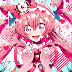  1girl 4b-enpitsu :d blush brooch chromatic_aberration commentary cone_hair_bun cure_precious delicious_party_precure english_commentary film_grain gloves hair_between_eyes hair_bun heart heart_brooch highres jewelry long_hair looking_at_viewer nagomi_yui open_mouth pink_eyes pink_hair precure signature smile solo teeth twintails upper_body upper_teeth_only white_gloves 