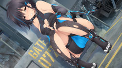  1girl black_hair blue_hair blush cameltoe character_request cleavage_cutout clothing_cutout collar earrings fingerless_gloves gloves high_heels highres jewelry kopianget multicolored_hair red_eyes short_hair tagme  rating:Questionable score:46 user:dsaewq11