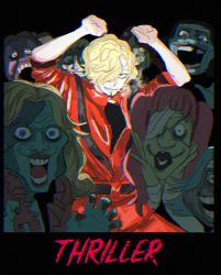 6+boys absurdres arms_up blonde_hair cosplay creepy crossdressing dancing dress facial_hair fingernails grin halloween highres long_hair looking_at_viewer makeup michael_jackson michael_jackson_(cosplay) multiple_boys one_piece parody ponytail sanji_(one_piece) shaded_face simple_background smile smoking teeth thriller_(michael_jackson) title zombie_costume