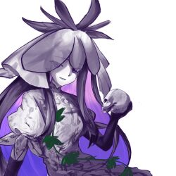 1girl artist_request black_gloves dress elbow_gloves gloves highres holding holding_skull long_hair looking_at_viewer plant purple_background purple_dress purple_eyes second-party_source simple_background skull smile touhou upper_body vines white_background yomotsu_hisami 