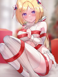  1girl absurdres aki_rosenthal alternate_costume ar-khey bare_shoulders bdsm blonde_hair blush bob_cut bondage bound breasts cable_knit christmas closed_mouth commentary cropped_sweater detached_hair detached_sleeves garter_straps headgear highres hololive large_breasts long_hair looking_at_viewer low_twintails meme_attire no_shoes panties parted_bangs purple_eyes ribbed_sleeves ribbed_sweater ribbed_thighhighs ribbon ribbon_bondage short_hair side-tie_panties sideboob sleeveless sleeveless_turtleneck smile solo sweater thighhighs thong turtleneck turtleneck_sweater twintails underwear virgin_destroyer_sweater virtual_youtuber white_sleeves white_sweater white_thighhighs 