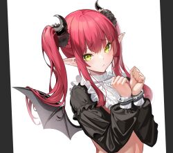  1girl bat_wings black_horns black_wings closed_mouth cuffs demon_girl demon_horns demon_wings green_eyes handcuffs highres horns kitagawa_marin long_hair looking_at_viewer poi pointy_ears red_hair rizu-kyun solo sono_bisque_doll_wa_koi_wo_suru spider_apple twintails upper_body wings 