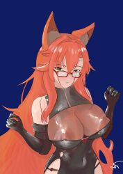  absurdres animal_ears areola_slip black_dress black_gloves breasts cleavage_cutout clothing_cutout dress fox_ears glasses gloves green_eyes highres kitsune kuriimutenshi_(virtual_youtuber) large_areolae large_breasts long_hair navel neotyrant nipples_through_clothes red_hair 