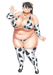  1girl animal_ears animal_print bikini black_hair blush breasts choker cleavage cow_ears cow_print cow_print_bikini cow_print_thighhighs cowbell dot_eyes ear_tag fat high_heels highres horns huge_breasts morisoba_(silent_hill) neck_bell o-ring o-ring_bikini original plump print_bikini print_thighhighs solo swimsuit thighhighs waving 