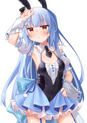  1girl absurdres animal_ears armpits back_bow black_dress black_necktie blue_garter_straps blue_hair blue_skirt blush bow breasts center_frills cleavage commentary cowboy_shot detached_collar detached_sleeves dress frilled_dress frilled_skirt frills garter_straps half_updo hand_on_own_hip hat highres hololive kurushiro1102 large_bow legs_apart long_hair mini_hat mini_top_hat necktie official_alternate_costume orange_eyes puffy_detached_sleeves puffy_sleeves rabbit_ears short_dress short_eyebrows short_necktie simple_background skirt sleeveless sleeveless_dress small_breasts solo sweat thick_eyebrows tilted_headwear top_hat usada_pekora usada_pekora_(furi_furi_bunny_dress) virtual_youtuber white_background white_sleeves wiping_sweat wrist_cuffs 