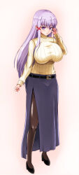  1girl biruto blush borrowed_character breasts casual commission contemporary enjou_sakuya highres huge_breasts long_hair looking_at_viewer original pantyhose pixiv_commission purple_eyes purple_hair ribbed_sweater side_slit smile solo sweater turtleneck turtleneck_sweater white_sweater 