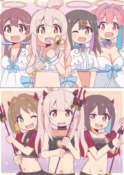  6+girls :d ;d absurdres ahoge angel angel_and_devil angel_wings bambi2000line bare_arms bare_shoulders black_hair black_tube_top blue_hair blunt_bangs blunt_ends braid breasts brown_eyes brown_hair center_frills choker cleavage cleavage_cutout clothing_cutout colored_inner_hair commentary crop_top demon_costume demon_wings diamond-shaped_pupils diamond_(shape) dress fang flat_chest frilled_choker frills green_eyes groin hair_between_eyes hair_intakes hair_ornament hairclip halo heart_cutout highres holding holding_wand horns hozuki_kaede hozuki_momiji large_breasts long_hair looking_at_viewer midriff multicolored_hair multiple_girls murosaki_miyo navel official_alternate_costume official_alternate_hairstyle oka_asahi one_eye_closed onii-chan_wa_oshimai! open_mouth orange_hair oyama_mahiro oyama_mihari pink_hair polearm purple_hair red_eyes short_hair simple_background smile strapless symbol-shaped_pupils trident tube_top twin_braids twintails two-tone_hair uneven_eyes wand weapon white_dress white_tube_top wings wrist_cuffs wristband 