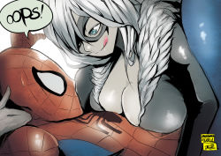  1boy 1girl :q animification black_cat_(marvel) blue_eyes bodysuit breast_rest breasts cleavage english_text felicia_hardy hair_over_one_eye hetero jinbei large_breasts long_hair marvel mask short_hair skin_tight spider-man spider-man_(series) sweat tongue tongue_out v-neck white_hair  rating:Questionable score:122 user:duratote
