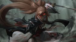 1girl amputee baiken big_hair black_kimono blood breasts cleavage epic eyepatch facial_tattoo guilty_gear guilty_gear_xrd hair_ribbon holding holding_sword holding_weapon japanese_clothes kataginu katana kimono large_breasts long_hair looking_at_viewer mouth_hold multicolored_clothes multicolored_kimono no_bra obi one-eyed pink_eyes pink_hair ponytail raikoart reverse_grip ribbon running samurai sandals sash scar scar_across_eye scar_on_face solo sword tattoo thighs toes torn_sleeve weapon white_kimono rating:Questionable score:16 user:jayage5ds