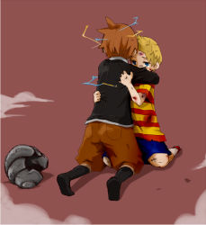  2boys blonde_hair blue_eyes boots brothers bruise claus_(mother_3) electricity hanimitsu helmet hug injury kneeling lucas_(mother_3) masked_man_(mother_3) mother_(game) mother_3 multiple_boys nintendo red_hair shirt shoes shorts siblings smoke sneakers spoilers striped_clothes striped_shirt tears  rating:Sensitive score:11 user:danbooru