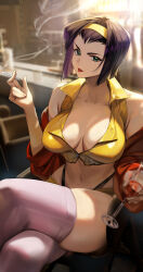 1girl alcohol armpit_crease bar_(place) bare_shoulders black_panties blurry blurry_background breasts cigarette collared_shirt cowboy_bebop crop_top crossed_legs cup drinking_glass faye_valentine green_eyes hairband highleg highleg_panties highres holding holding_cigarette holding_cup indoors jacket large_breasts lipstick looking_at_viewer makeup midriff navel off_shoulder open_clothes open_jacket panties panty_straps parted_lips pinkmill purple_hair purple_thighhighs red_jacket red_lips shirt short_hair shorts sitting skindentation sleeveless sleeveless_shirt smile smoke solo teeth thighhighs thighs underwear wine wine_glass yellow_hairband yellow_shirt yellow_shorts rating:Sensitive score:38 user:danbooru