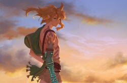  1boy absurdres artist_name blonde_hair blue_eyes body_markings closed_mouth cloud cloudy_sky gamza green_sash hair_between_eyes hand_on_own_hip highres link long_hair looking_at_viewer male_focus nintendo outdoors pointy_ears sash sidelocks sky solo tassel the_legend_of_zelda the_legend_of_zelda:_tears_of_the_kingdom toga upper_body 