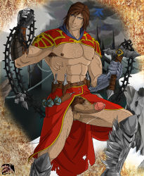  absurdres armor armpit_hair blue_eyes body_hair brown_hair chain cum erection gabriel_belmont hairy_legs highres male_focus muscular penis tagme testicles  rating:Explicit score:3 user:Shunpo