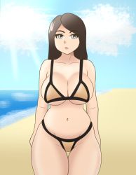  1girl absurdres beach belly bikini breasts brown_hair cleavage curvy grey_eyes highres large_breasts ocean plump solo swimsuit thick_thighs thighs wide_hips  rating:Questionable score:6 user:Frattaglia