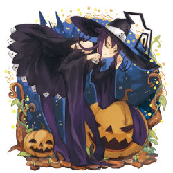 1girl :3 black_dress black_hat blair_(soul_eater) boots border branch brown_eyes catin detached_sleeves dress hat high_heels jack-o&#039;-lantern leaning_forward one_eye_closed paw_pose plant pumpkin purple_footwear purple_hair solo soul_eater thigh_boots vines white_border wide_sleeves witch_hat 