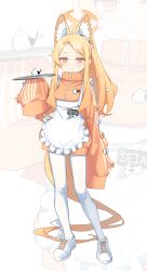  1girl absurdly_long_hair absurdres alternate_costume animal_ear_fluff animal_ears apron bird blonde_hair blue_archive bow closed_mouth flower frilled_apron frills full_body gradient_eyes hair_bow hair_flower hair_ornament halo highres jacket light_blush long_hair long_sleeves looking_at_viewer maid multicolored_eyes name_tag orange_halo orange_jacket pantyhose puffy_long_sleeves puffy_sleeves seia_(blue_archive) sleeve_bow sleeves_past_fingers sleeves_past_wrists solo striped_sleeves syhan tray turtleneck unconventional_maid very_long_hair white_apron white_footwear white_pantyhose zoom_layer 