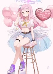  1girl absurdres balloon belt black_belt blue_archive blue_shorts blush breasts closed_mouth commentary_request feza_chen_(ushaku) full_body hair_bun halo happy_birthday highres long_hair looking_at_viewer medium_breasts mika_(blue_archive) navel neckerchief pink_hair pink_halo pink_sailor_collar purple_footwear revision sailor_collar sailor_shirt shirt shoes shorts signature single_side_bun sitting smile solo thigh_strap white_shirt yellow_eyes yellow_neckerchief 