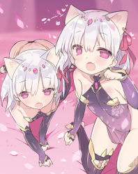  2girls all_fours animal_ears bare_shoulders black_legwear blade_(galaxist) breasts cat_ears circlet commentary_request covered_navel detached_sleeves dimples_of_venus dress dual_persona earrings fang fate/grand_order fate_(series) hair_ribbon halterneck jewelry kama_(fate) kama_(first_ascension)_(fate) kemonomimi_mode kneeling leaning_forward looking_at_viewer multiple_girls navel no_panties open_mouth paw_pose pelvic_curtain petals pink_eyes revealing_clothes ribbon see-through short_dress silver_hair small_breasts stirrup_legwear symbol-shaped_pupils thighhighs toeless_legwear  rating:Questionable score:24 user:danbooru
