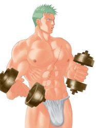 1boy bara biceps bulge dumbbell exercising facial_hair feet_out_of_frame flexing flexing_pectorals fundoshi green_hair highres japanese_clothes large_pectorals long_sideburns looking_to_the_side male_focus masanori muscular muscular_male one_piece pectorals roronoa_zoro short_hair sideburns sideburns_stubble solo standing strongman_waist stubble thank_you weightlifting