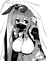  1girl alternate_costume animal_ears apron azur_lane azur_lane:_slow_ahead black_mask boise_(azur_lane) boise_(flawed_but_delectable)_(azur_lane) breasts cleavage cleavage_cutout clothing_cutout enmaided fake_animal_ears greyscale hori_(hori_no_su) large_breasts long_hair long_sleeves looking_at_viewer maid maid_headdress mask monochrome mouth_mask official_alternate_costume official_art rabbit_ears solo tablecloth under_table waist_apron 