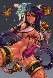 10s 1girl abs bad_id bad_pixiv_id black_hair bracelet breasts choker cleavage codpiece covered_erect_nipples dark-skinned_female dark_skin fishnet_thighhighs fishnets flapper_shirt gradient_hair green_eyes jewelry large_breasts luna_luna_(queen&#039;s_blade) midriff multicolored_hair nipples pearl_thong queen&#039;s_blade queen&#039;s_blade_rebellion revealing_clothes see-through shirt solo tagane tentacles thighhighs underboob rating:Questionable score:85 user:danbooru