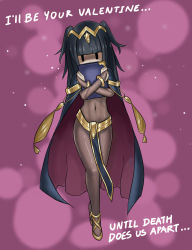  1girl belt bodysuit book bracelet bridal_gauntlets cape chibi covering_own_mouth english_text eu03 fire_emblem fire_emblem_awakening jewelry loincloth long_hair lots_of_jewelry navel nintendo see-through skin_tight solo tharja_(fire_emblem) tiara two_side_up valentine |_|  rating:Questionable score:47 user:danbooru