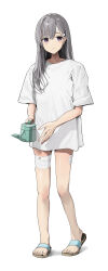  1girl absurdres bandaged_head bandaged_leg bandages blush closed_mouth commentary_request full_body grey_hair hair_down hair_ornament hairclip highres holding holding_watering_can idolmaster idolmaster_shiny_colors light_smile long_hair looking_to_the_side noeru purple_eyes shirt short_sleeves simple_background slippers solo standing toenails toes watering_can white_background white_shirt yukoku_kiriko 