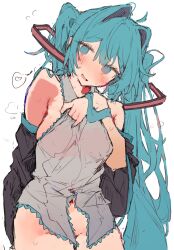  1girl ahoge aqua_eyes aqua_hair aqua_nails aqua_necktie bare_shoulders black_sleeves blush bottomless clothes_pull cowboy_shot detached_sleeves flying_sweatdrops grey_shirt hatsune_miku head_tilt heart highres long_hair looking_at_viewer navel necktie no_panties open_mouth otintin pulled_by_self shirt shirt_pull simple_background sleeveless sleeveless_shirt solo spoken_heart steam sweat twintails very_long_hair vocaloid white_background 