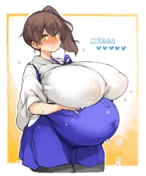 1girl blush breasts brown_hair covered_erect_nipples curvy hakama huge_breasts japanese_clothes kaga_(kancolle) kantai_collection kimono looking_at_viewer medium_hair pregnant puffy_areolae sachito side_ponytail solo thick_thighs thighs wide_hips yellow_eyes rating:Questionable score:56 user:Oppai_chan