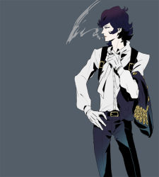  1boy adam&#039;s_apple androgynous belt blue_background blue_eyes blue_hair cigarette citrus102 flat_color gloves hand_on_own_hip holster jacket jitome looking_away lupin_iii male_focus matching_hair/eyes oscar_(lupin) profile shoulder_holster simple_background smoke smoking solo wavy_hair 
