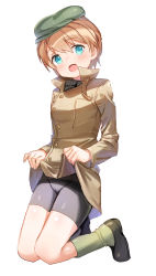 1girl :d bike_shorts black_footwear blue_eyes blush brown_coat brown_hair buttons cameltoe coat coat_lift collared_coat double-breasted female_focus green_socks high_collar highres isabelle_du_monceau_de_bergendal kneeling lifting_own_clothes looking_at_viewer mejina neckerchief open_mouth shoes short_hair simple_background smile socks solo strike_witches striped_neckerchief white_background world_witches_series