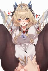  1girl 1other absurdres blonde_hair blue_eyes blush breasts brown_pantyhose coat collared_shirt crown_(nikke) diadem drill_hair goddess_of_victory:_nikke hair_ornament headgear heart heart-shaped_pupils highres holding_another&#039;s_wrist jewelry large_breasts long_hair looking_at_viewer necklace open_mouth pantyhose shirt simple_background spoken_heart symbol-shaped_pupils torn_clothes torn_pantyhose white_background white_coat white_shirt yuseol  rating:Sensitive score:12 user:Leksa