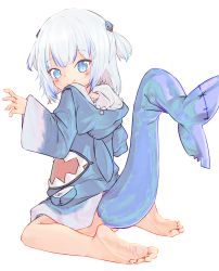  1girl bare_legs barefoot blue_eyes blush chaosexceed dot_nose feet fins fish_tail from_behind gawr_gura gawr_gura_(1st_costume) hair_ornament hairclip highres hololive hololive_english hood hoodie long_sleeves looking_at_viewer multicolored_hair no_panties shark_girl shark_tail sitting smile soles tail toes twintails virtual_youtuber white_hair  rating:Sensitive score:45 user:MagicGary