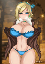  1girl bad_anatomy blonde_hair blue_eyes blush bra breasts cleavage curvy fenrox gluteal_fold hairband jacket large_breasts looking_at_viewer narrow_waist navel open_clothes open_jacket original panties removing_jacket short_hair smile solo underwear undressing wide_hips  rating:Questionable score:13 user:GarlandChaos