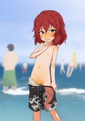 1girl absurdres animal_print beach bikini black_male_swimwear black_swim_trunks blurry blush cleft_of_venus clothes_pull day drawstring embarrassed exhibitionism finger_to_mouth fish_print flat_chest grey_eyes hand_up highres idolmaster idolmaster_cinderella_girls index_finger_raised loli looking_at_viewer luke_(b10a3123m) male_swimwear male_swimwear_challenge male_swimwear_pull multicolored_male_swimwear multicolored_swim_trunks multiple_boys multiple_girls murakami_tomoe navel nervous_sweating nipples ocean open_mouth outdoors print_male_swimwear print_swim_trunks print_swimsuit public_indecency pulled_by_self pussy red_hair shorts shorts_pull shushing sky solo_focus standing sweat swim_trunks swim_trunks_pull swimsuit thigh_gap topless uncensored wading water wet wet_hair  rating:Explicit score:434 user:sytalidis