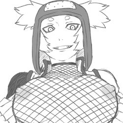  1girl breasts eyebrows fishnet_top fishnets forehead_protector from_below greyscale grin hat kakuyoku_fubuki large_breasts looking_at_viewer monochrome naruto naruto:_ninja_clash_in_the_land_of_snow naruto_(series) ninja nipples open_clothes short_hair short_twintails smile solo tsukudani_(coke-buta) twintails upper_body  rating:Questionable score:57 user:danbooru