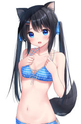  1girl :o animal_ear_fluff animal_ears anz32 bad_id bad_pixiv_id bare_arms bare_shoulders bikini black_hair blue_bikini blue_eyes blue_ribbon blush breasts cleavage collarbone commentary_request fang front-tie_bikini_top front-tie_top hair_ornament hair_ribbon hairclip long_hair looking_at_viewer navel open_mouth original ribbon side-tie_bikini_bottom simple_background small_breasts solo stomach striped_bikini striped_clothes swimsuit tail twintails twitter_username upper_body very_long_hair white_background white_ribbon  rating:Sensitive score:17 user:danbooru