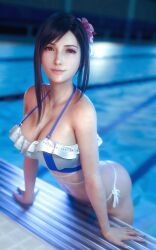  1girl 3d artist_name bare_shoulders bikini black_hair blurry blurry_background breasts closed_mouth commentary english_commentary final_fantasy final_fantasy_vii final_fantasy_vii_rebirth final_fantasy_vii_remake flower hair_flower hair_ornament hibiscus highres large_breasts leaning_forward lips looking_at_viewer navel patreon_username pink_flower pool poolside red_eyes solo sreliata stomach swimsuit tifa_lockhart tifa_lockhart_(shining_spirit) wading water white_bikini 