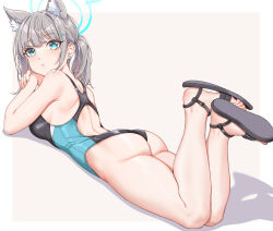 1girl animal_ear_fluff animal_ears ass back bare_arms bare_legs bare_shoulders blue_archive blue_eyes blue_halo blush breasts competition_swimsuit cross cross_hair_ornament earrings extra_ears fangxiang_cuoluan from_behind grey_hair hair_ornament halo highleg highleg_swimsuit highres inverted_cross jewelry legs looking_at_viewer looking_back lying medium_breasts mismatched_pupils multicolored_clothes multicolored_swimsuit official_alternate_costume on_stomach one-piece_swimsuit sandals shiroko_(blue_archive) shiroko_(swimsuit)_(blue_archive) simple_background solo stud_earrings swimsuit two-tone_swimsuit white_background wolf_ears  rating:Sensitive score:38 user:danbooru