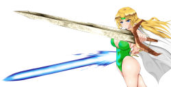  1990s_(style) 1girl blonde_hair blue_eyes breasts cape celes_chere cleavage dual_wielding female_focus final_fantasy final_fantasy_vi hairband holding kuzunoha_kaede large_breasts leotard long_hair simple_background solo standing sword weapon  rating:Sensitive score:14 user:tauros808